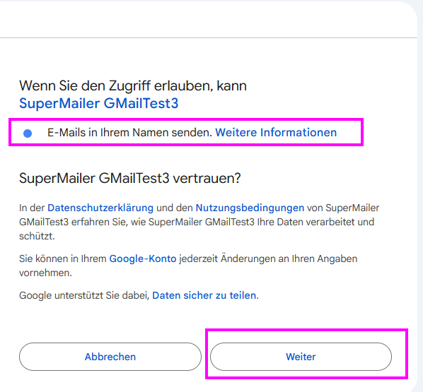 Google App Gmail API Zugriff erlauben