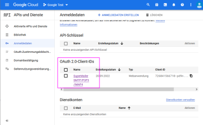 Google OAuth2 App Liste der OAuth2 Clients