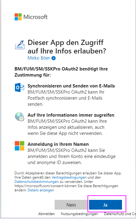 Microsoft OAuth 2 App mit Konto verbinden