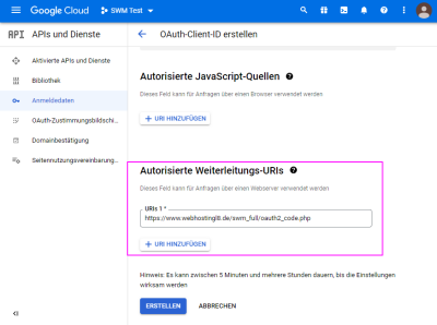 Google OAuth2 App Weiterleitungs-/Redirect-URI